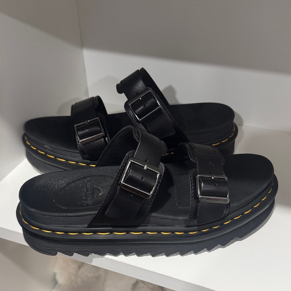 Dr. Martens Black Double-Buckle Platform Slide Sandals with Yellow Stitching